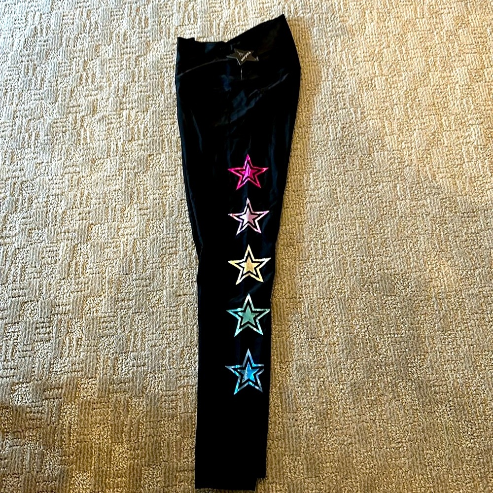Women’s Shiny Black Multi Color Star Leggings NWT L PixieLane